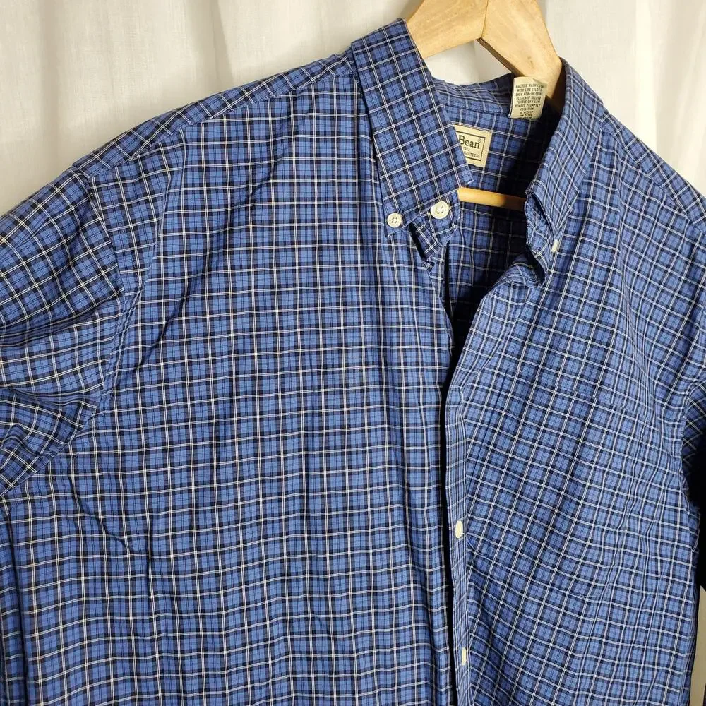 LL Bean Mens Blue Plaid Button Down Lg Tall